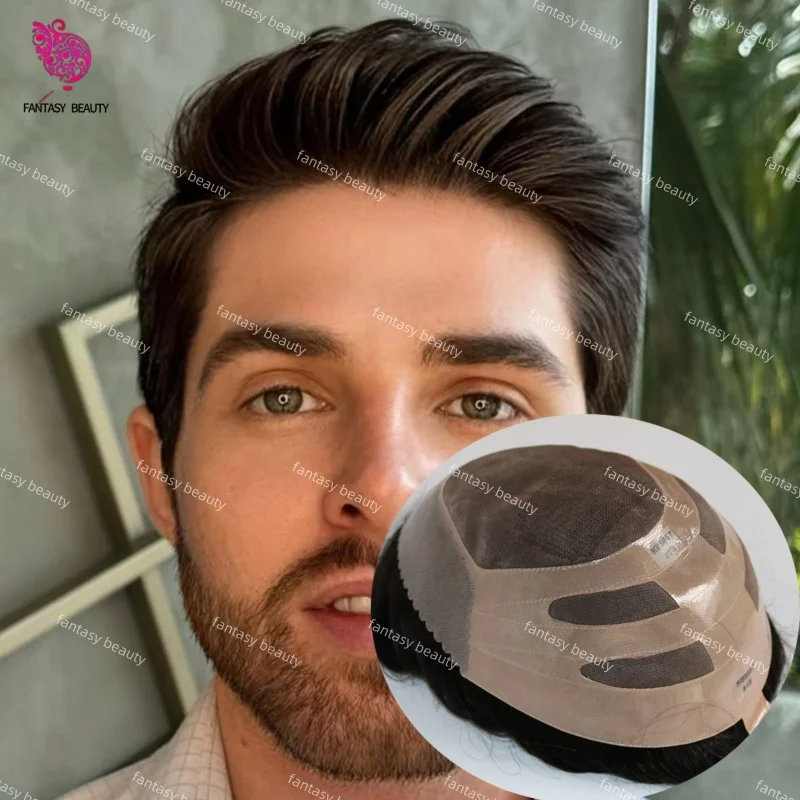 

Breathable Bond Wigs Mono &Pu Around Durable Ventilated Men’ Prosthesis Capillary Toupee #1B#1B65 Black Gray 100% Human Hair