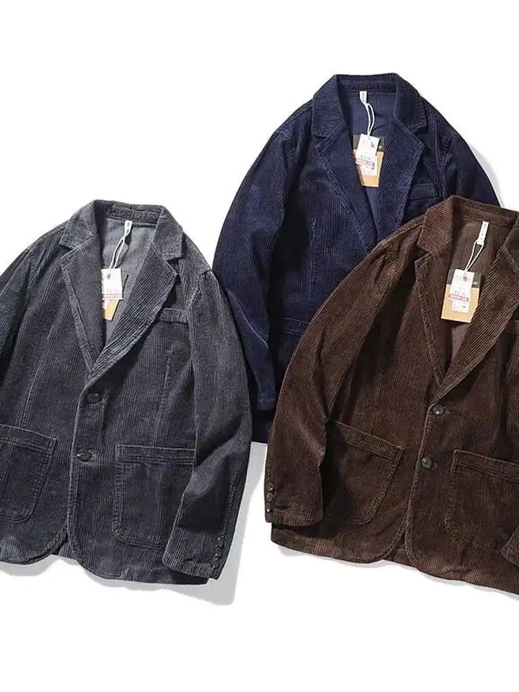 

Cotton Corduroy Men's Busin Casual Suit Jaet Ele Faion Urban Sle Long Sve Classic Collar Single-Bre...