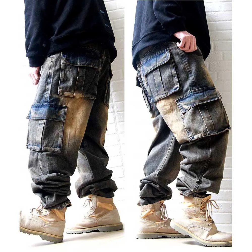 Tactical Denim Cargo Pants Men\'s Casual Retro Jeans Straight Loose Baggy Distressed Trousers Big Pocket Streetwear Clothing