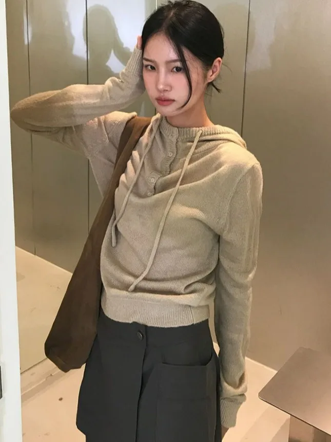 Coreano Sle Long Sve Malhas com capuz Feminino Outono Inverno Botão Faionable Ne Suéter All-Match Ele Crew Ne Sw...
