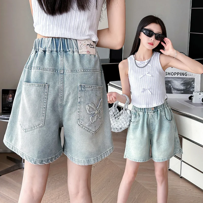 

New Summer Child Butterfly Denim Shorts with Rhinestones For Girls High Quality Mini Jeans Pants Kids Teenager Casual Shorts