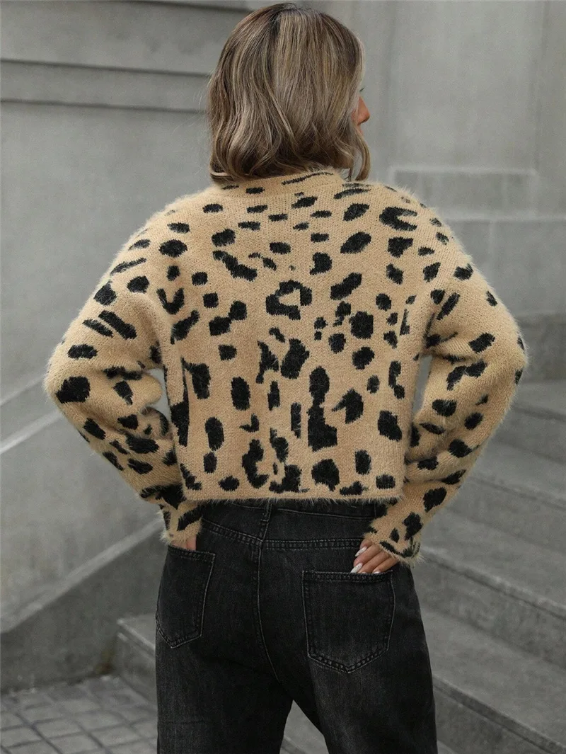 BB New Autumn And Winter Leopard Print Top Knitted Simple And Versatile Pullover Sweater