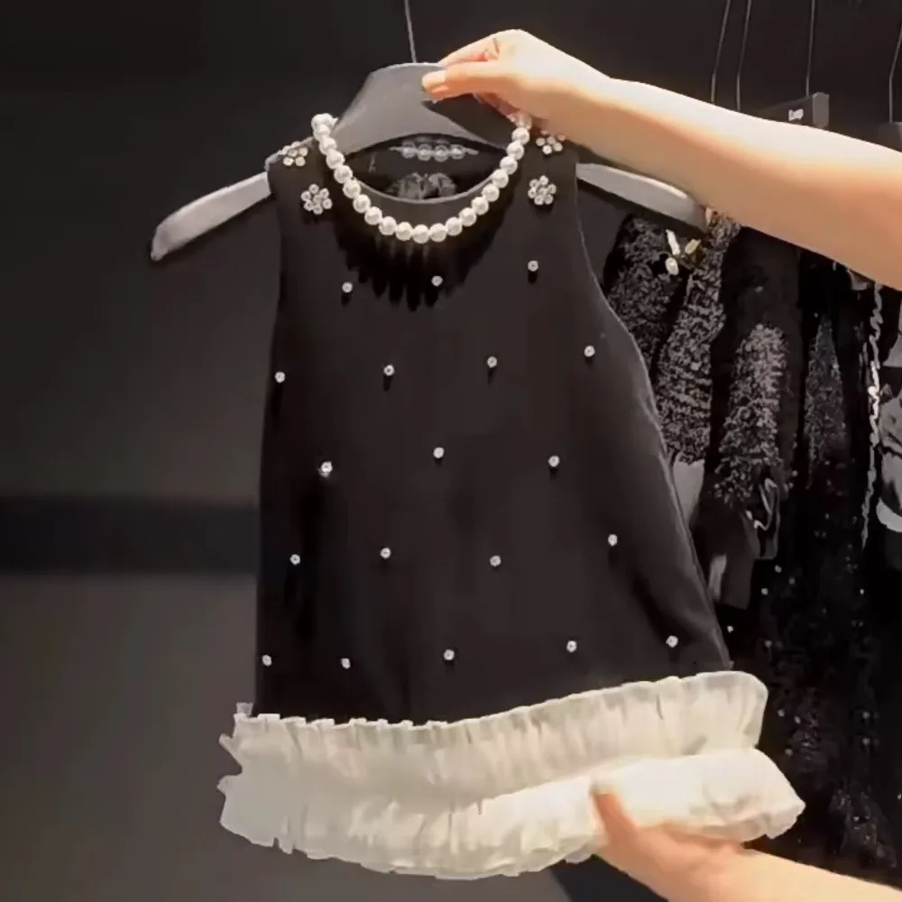 Korean Version Fashion Black Princess Party Outfit Round Neck Sleeveless Lace Vest with Pearl Decoration Summer New