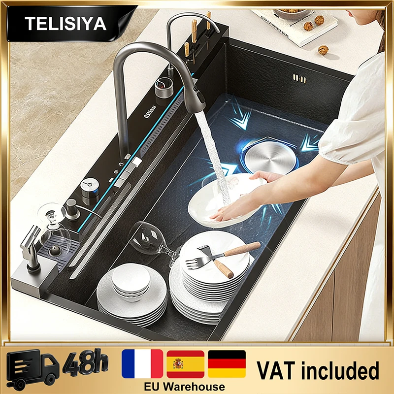 

Stainless Steel Waterfall Large Single Solt Wash Basin Intelligent Digital Display Undermount Basin Wash Dish Bowl Kitchen Sink