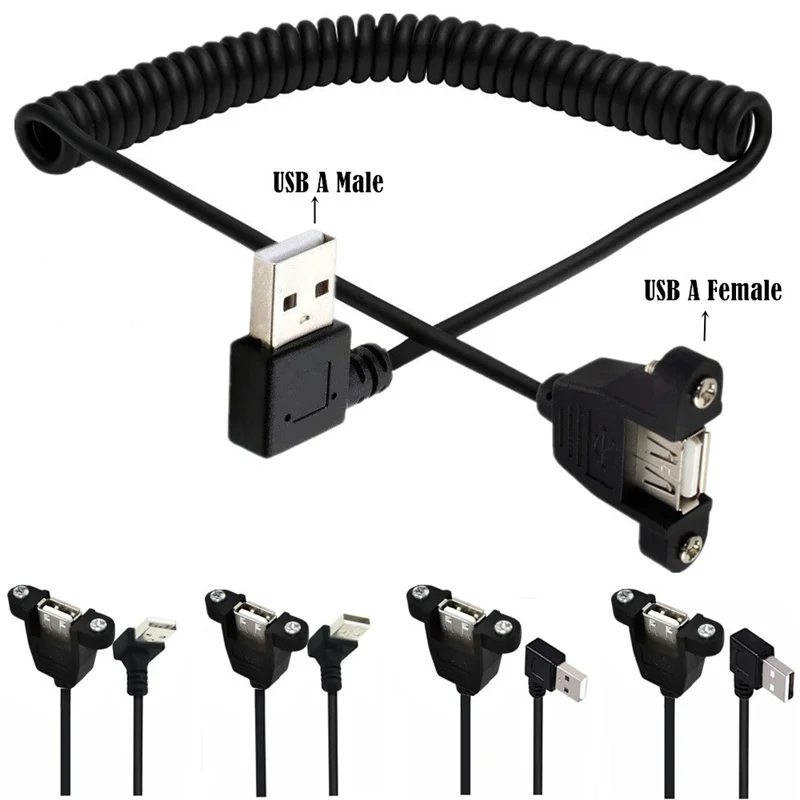 USB 2.0 A Female Panel Mount to Up & Down & Left & Right Angled A Male Extension Coiled Spiral Cable