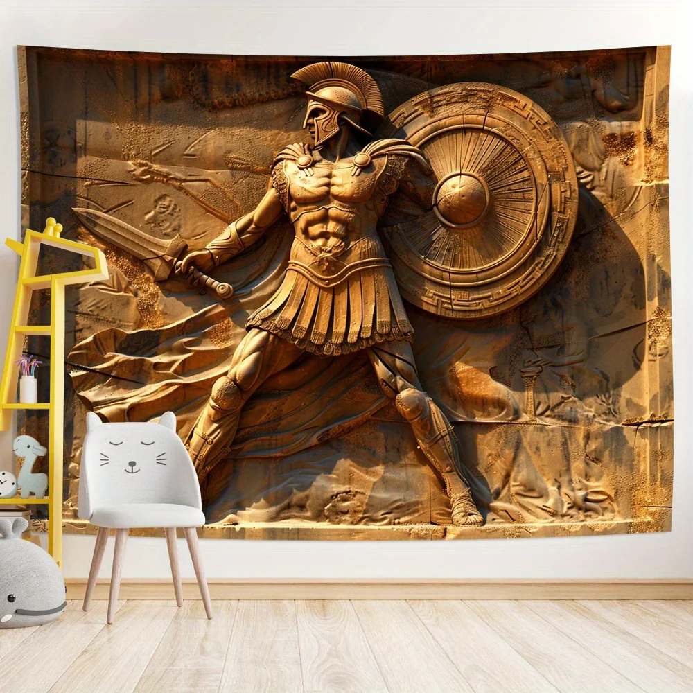 نسيج حائط ثلاثي الأبعاد Vintage Spartan Warrior - تصميم الدرع والسيف، ديكور بوليستر لغرفة المعيشة وغرفة النوم والمكتب