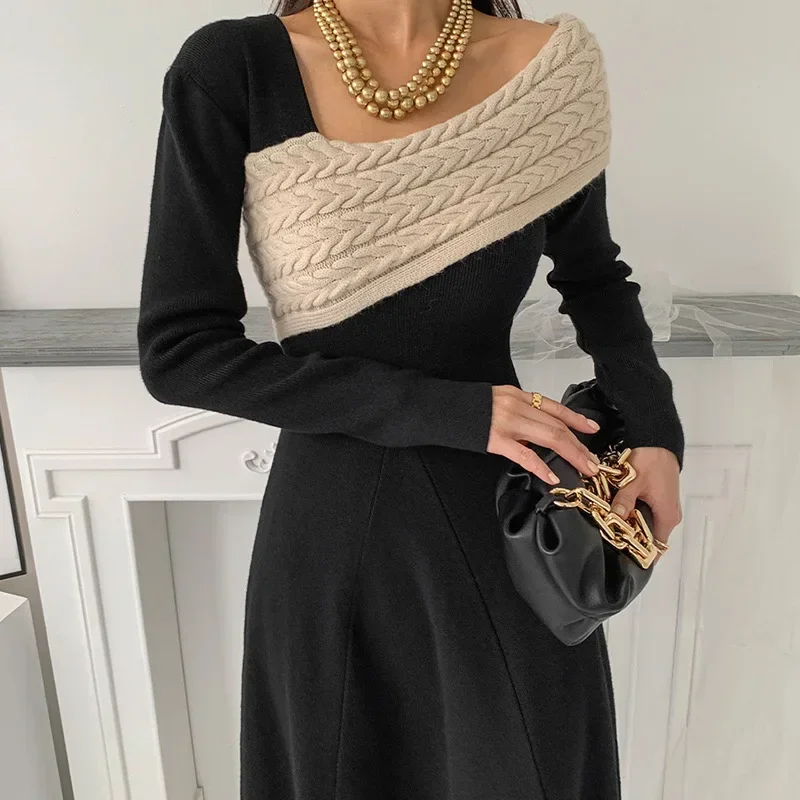 

Sweet Women Long Sleeve V-neck Slim Dress 2023 Autumn New Korean Chic Irregular Knitted Stitching A-line Dresses Y5533