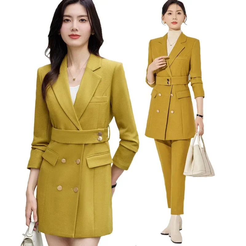Pop New Fall Winter Women Coat Set Elegant Slim Business Office Long Blazers With Belt Pants Suit Work Wear Windbreaker