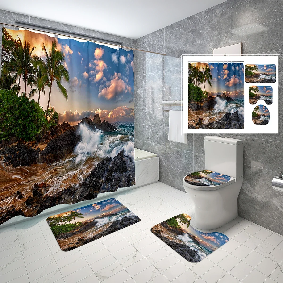 4 Pcs Seascape Shower Curtain Sets with Toilet Lid Cover and Non-slip Bath Mat Dusk Sunset Shore Waterproof Shower Curtain Set
