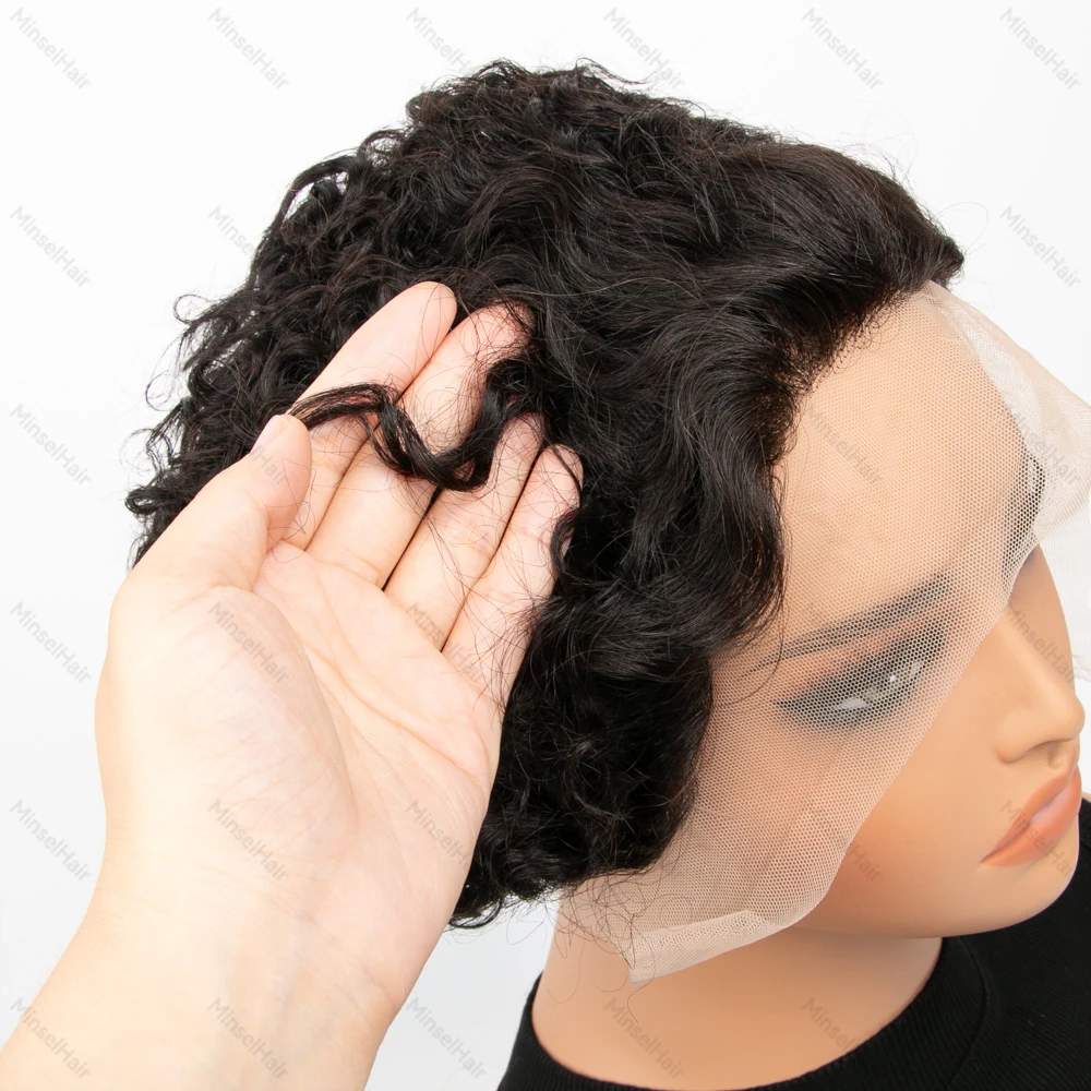 Peluca Frontal de encaje HD 13x1, pelucas rizadas con corte Pixes, cabello humano hinchable, 180% de densidad, 6 pulgadas, pelucas cortas rizadas prearrancadas de moda