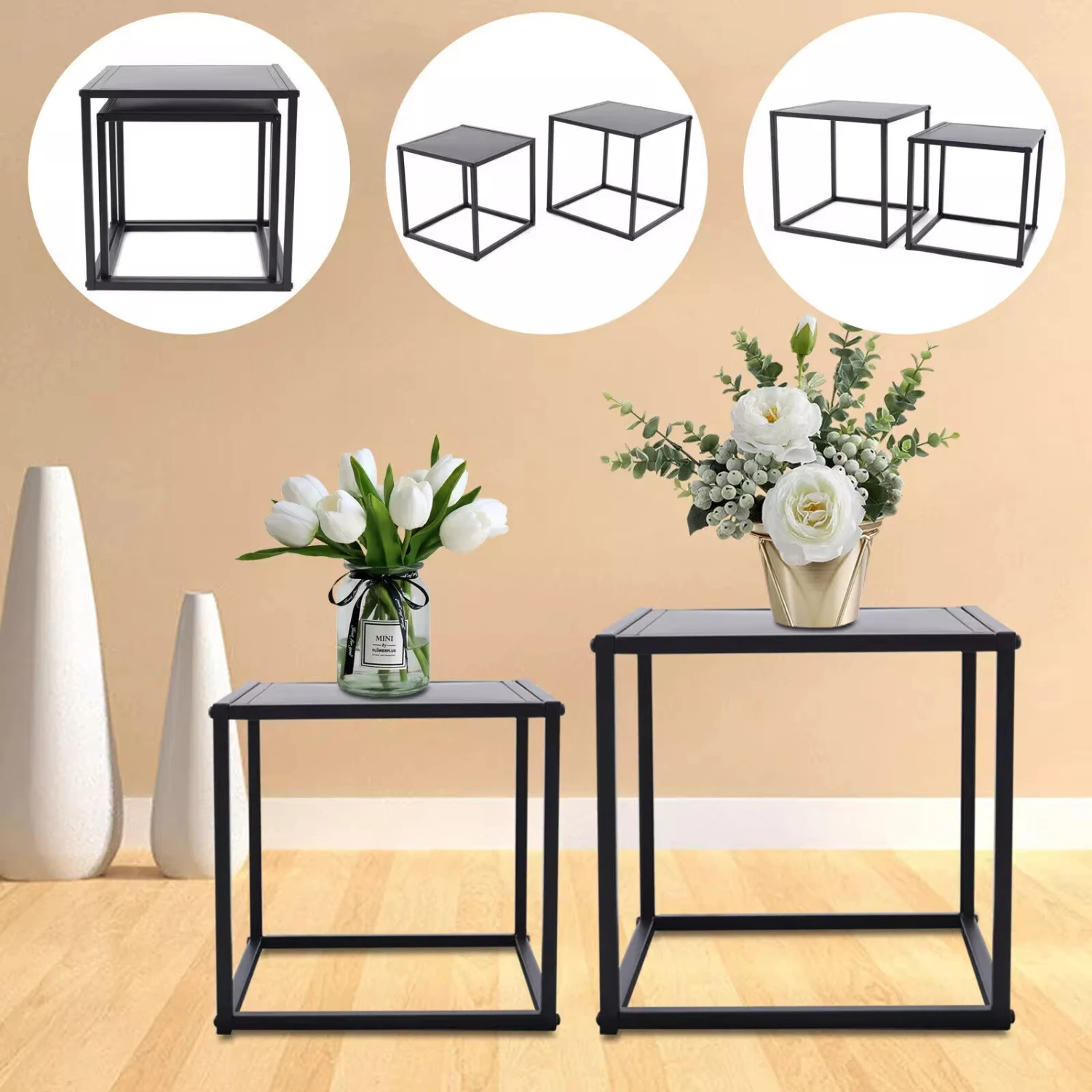 

New 2 Piece Stand Black 35*35*35cm 40*40*40cm Square Coffee Table End Table Modern Metal Side Table Matte Black Office