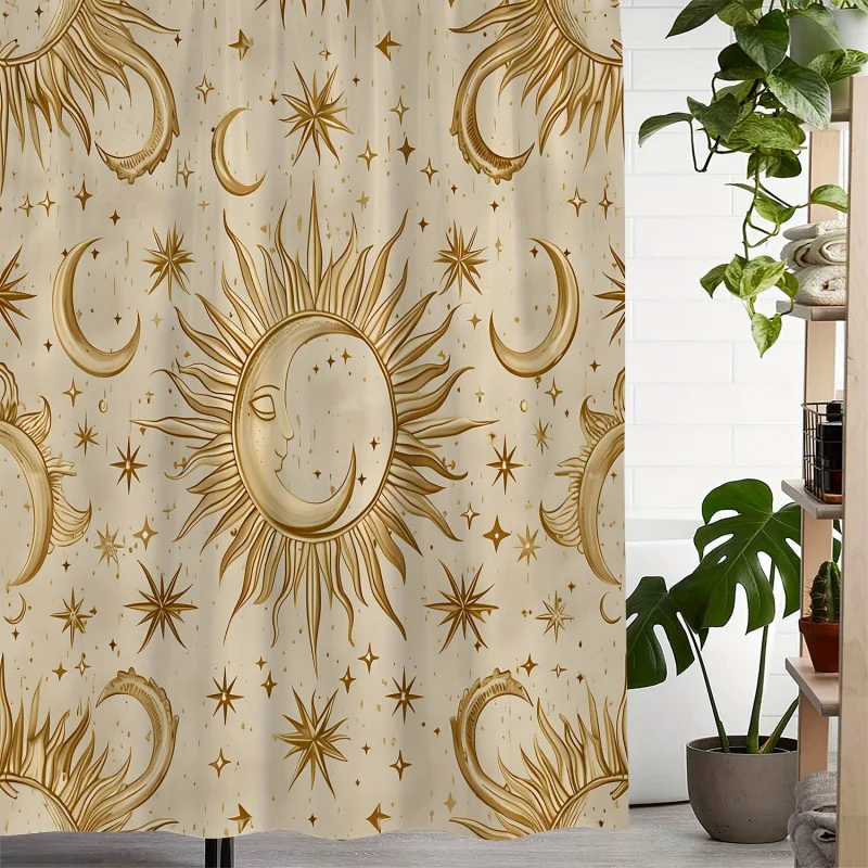 Vintage Sun and Moon Print Waterproof Polyester Shower Curtain with 12 Hooks, Machine Washable, Water-Resistant Artistic Pattern