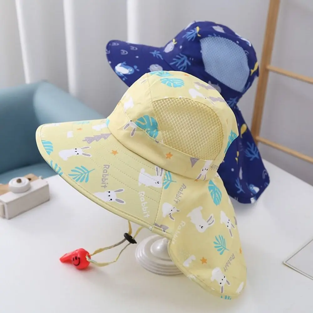 Gorro de cubo de verano para bebé, cubierta para la oreja y el cuello con silbato, sombrero protector solar para niños, ala ancha, Anti UV, gorros de playa para niños y niñas