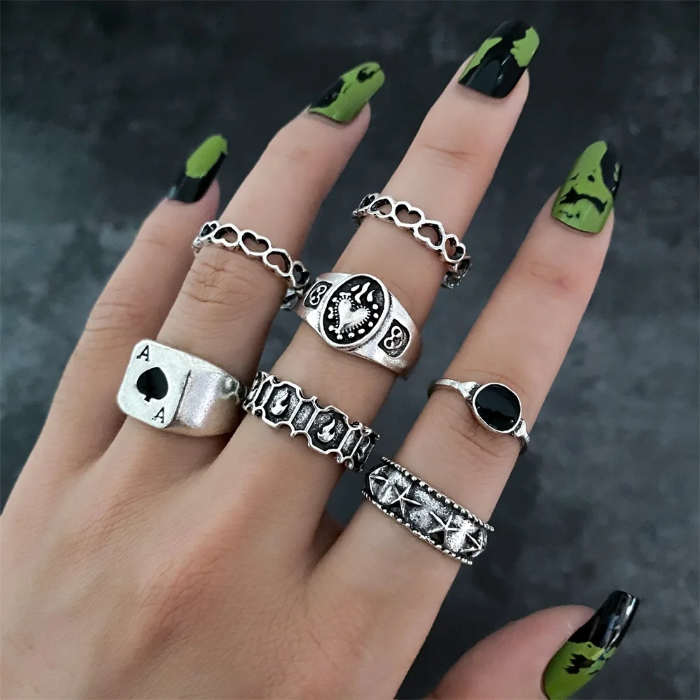 FNIO Punk Gothic Butterfly Snake Chain Ring Set per le donne dadi neri Vintage argento placcato Retro Charm Finger Jewelry