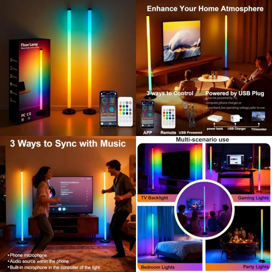 Led Corner Floor Lamp USB Powered, IC+RGBW Music Sync Color Changing Led Lamp with App and Remote Control, Timer Setting, Stand