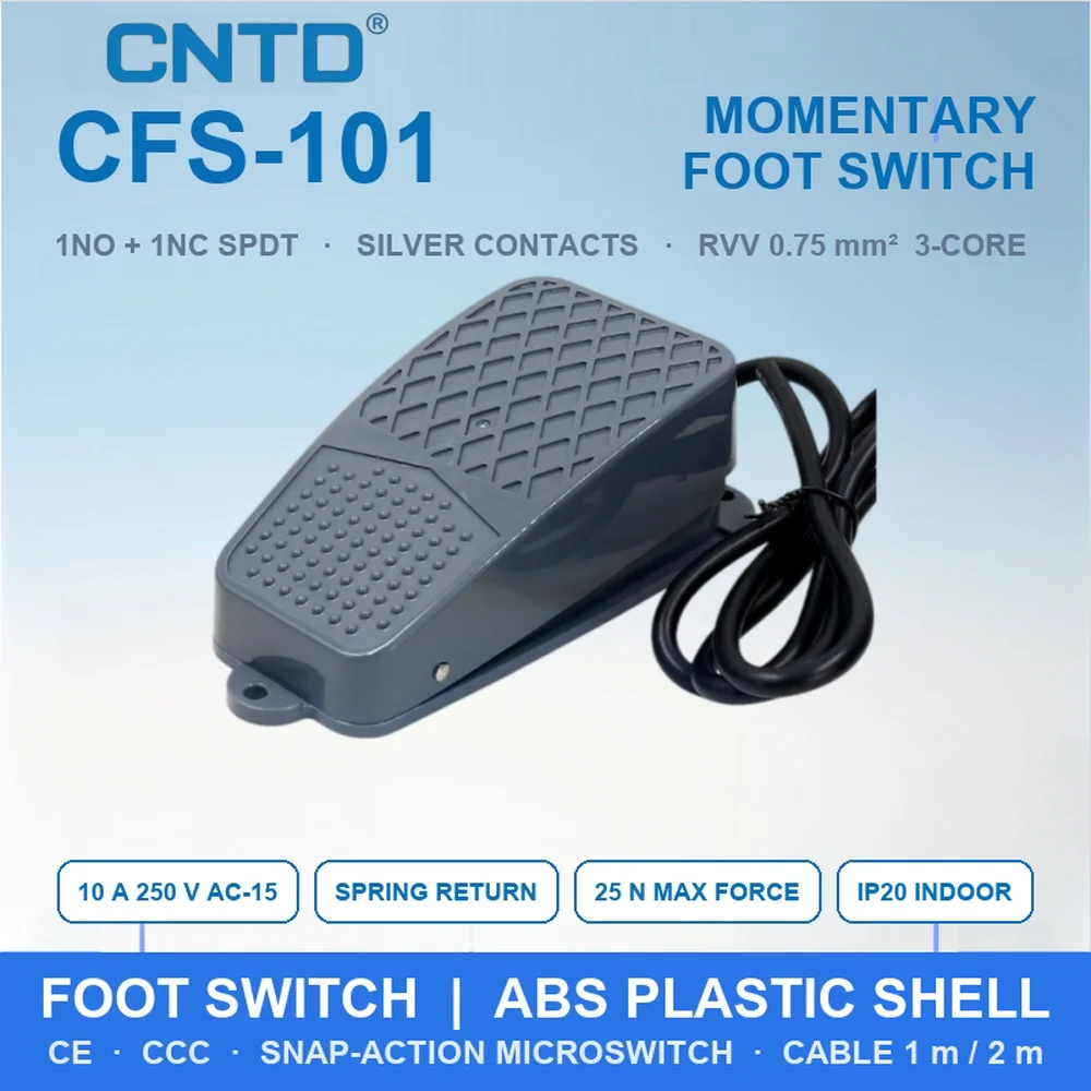 CNTD CFS-101 Industrial Foot Switch 10A 250V AC-15 1NO 1NC Momentary ABS Plastic 1m 2m Pre-Wired Cable IP20 Machine Tool CE CCC