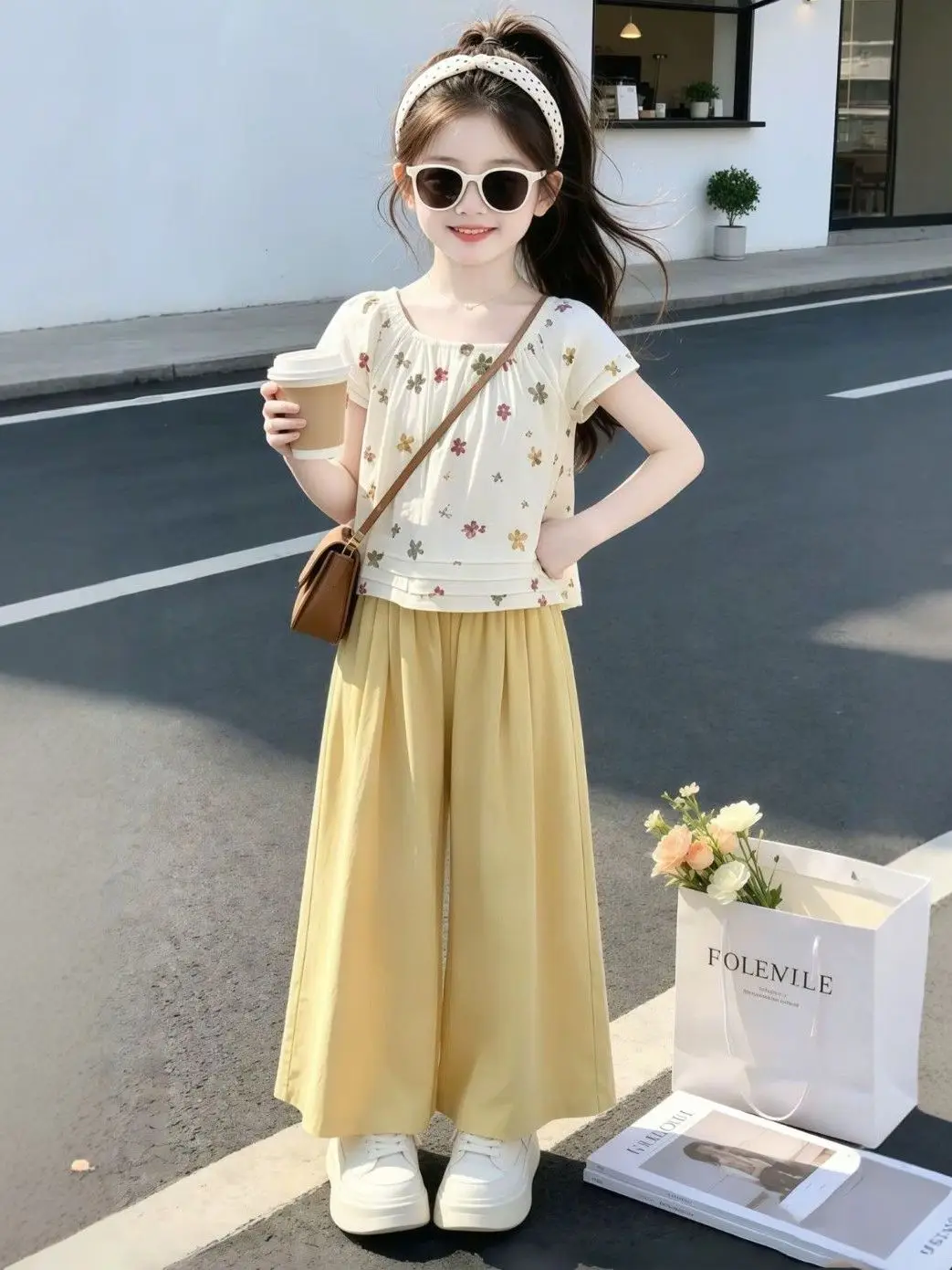 

Comfortable Floral Short Sleeve Girls Set Casual Loose Wide Leg Pants Two Piece Cotton Breathable Summer Outfit for Kids