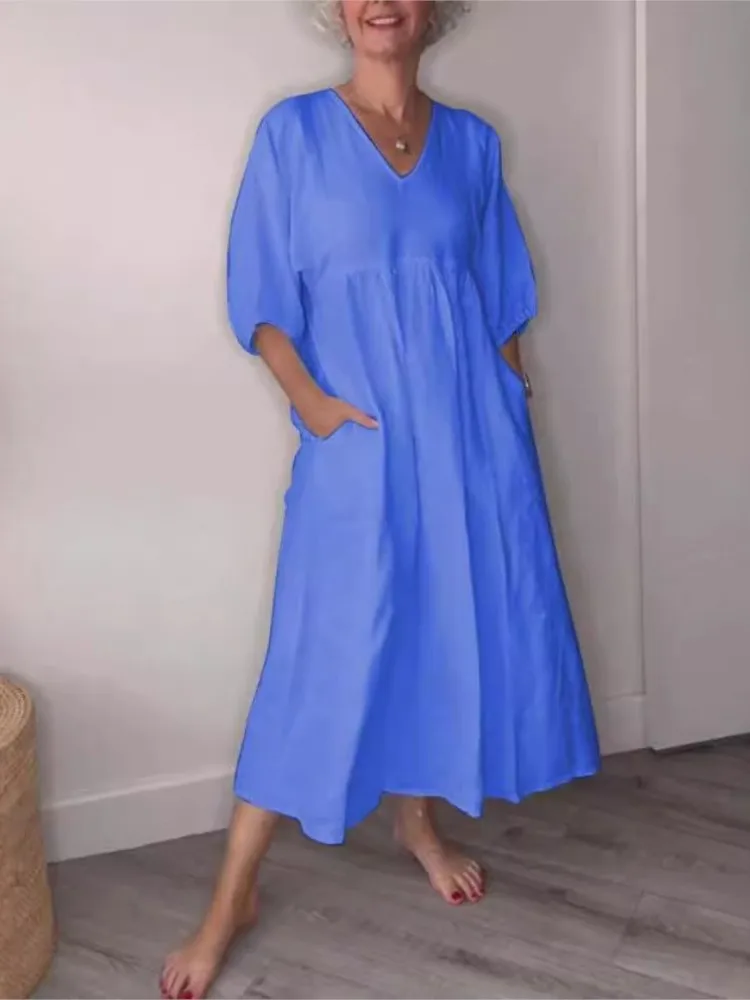 Casual Solid Simple Pleated Cotton Linen Dress Women Summer Trendy V Neck Pocket Long Dresses Autumn 3/4 Sleeve Loose Vestidos