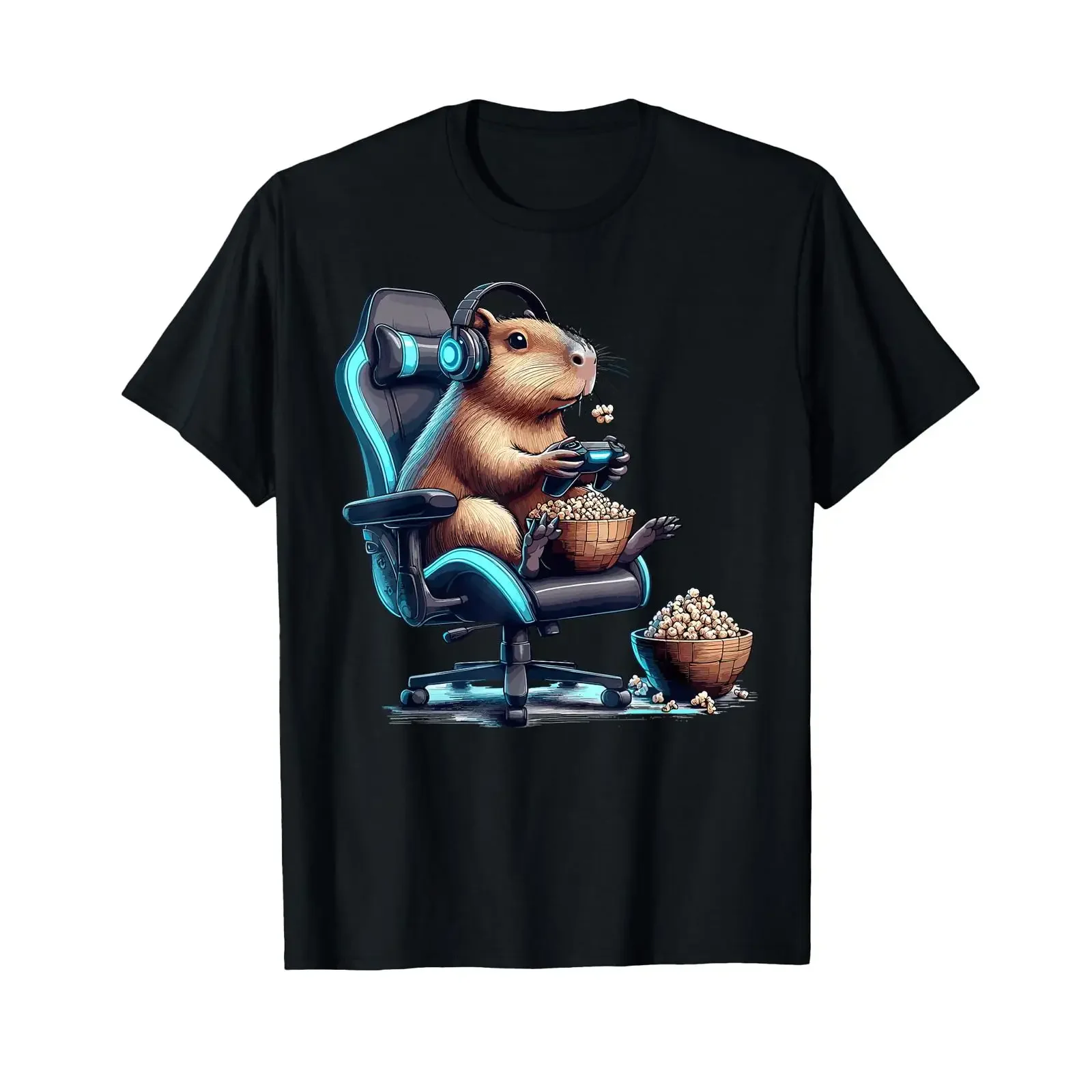 Capybara Gaming Controller Headset Popcorn Animal T Shirt vintage Washed Slightly Soft homme graphic streetwear