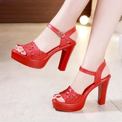 10cm Small Size 32-43 Elegant Floral Cutout Soft Leather Shoes Platform Sandals 2024 Block High Heels Sandals Office Model