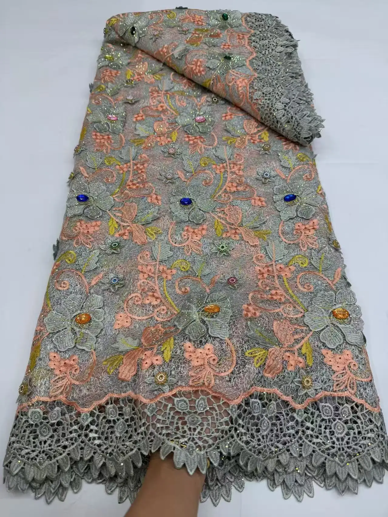 Nigerian Applique Embroidery African Cotton Sequins Tulle Lace Fabric Guipure Rhinestones 5 Yards for Party Dresses 2026 LZ2929