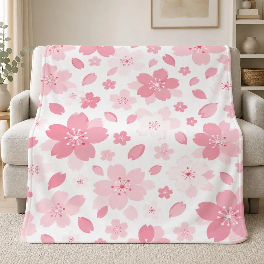 Beautiful Japanese Floral Pattern Sakura Floral Throw Soft Plush Flannel Throw Blanket Sofa Bed Travel Home Decor