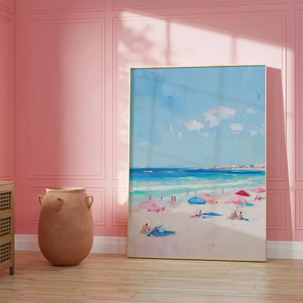 1pc Frameless Canvas Painting Summer Tiny People Swimming in Ocean Posters Print Painting Modern Minimalist Wall Art Bedroom Ho