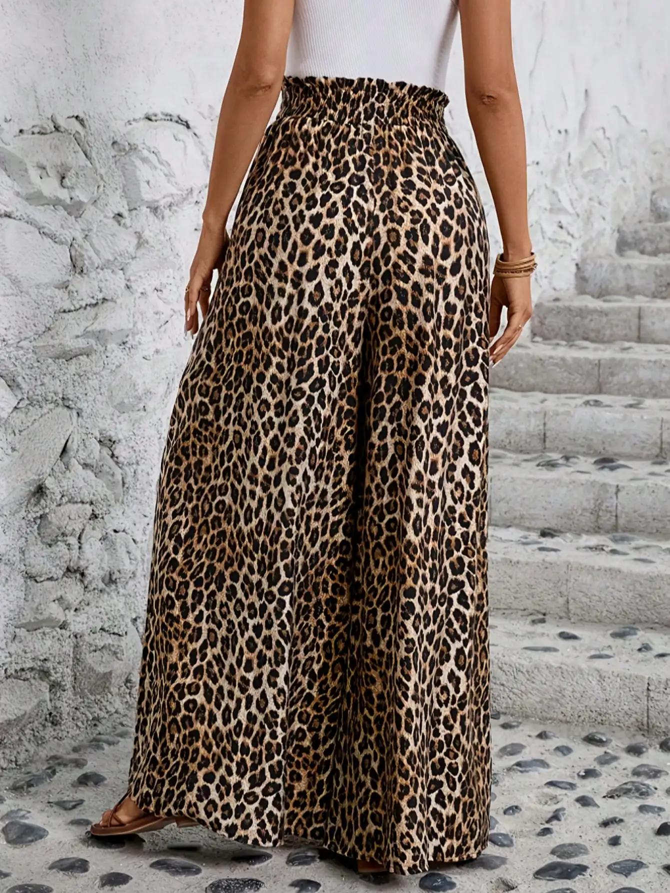 2026 Casual Fashion Four Seasons Women's Leopard Pattern Comfortable High Waist Elastic Waist Wide Leg Pants