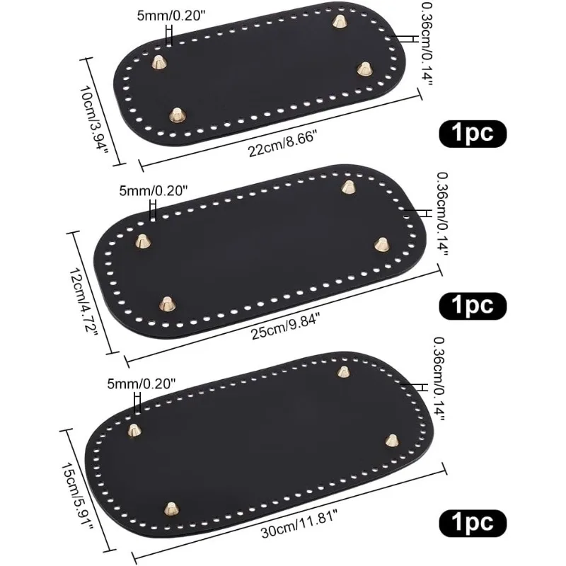 3pcs Black Purse Bottom for Crochet 3 Sizes Bag Bottom Oval Leather Bottom Shaper Pads for Bags Cushion Base with Holes