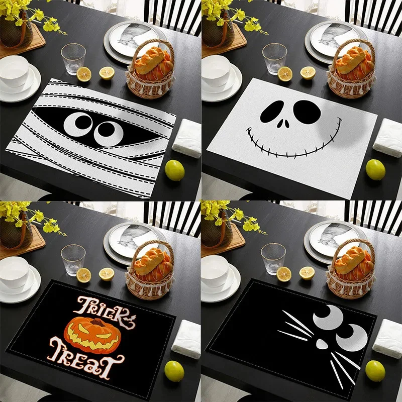 4Pcs Halloween Pumpkin Black Cat Placemats Festival Kitchen Cotton Linen Dinning Table Mats Bowl Coffee Cup Pads Mats Home Decor