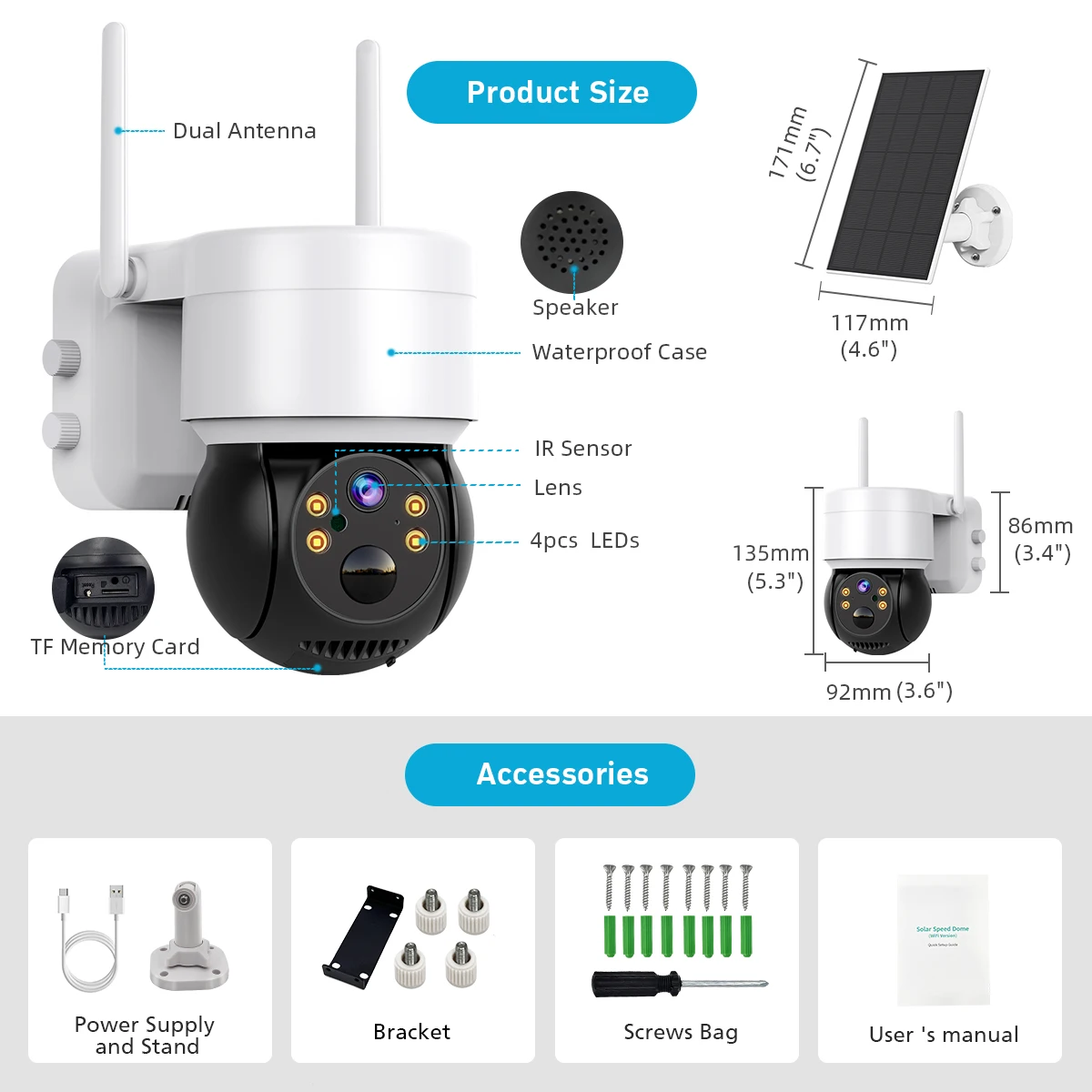 Solar Security Camera Outdoor 2MP WiFi PTZ Cam Motion Detect 1080P Color Night Vision Home Surveillance Battery Powered Camera