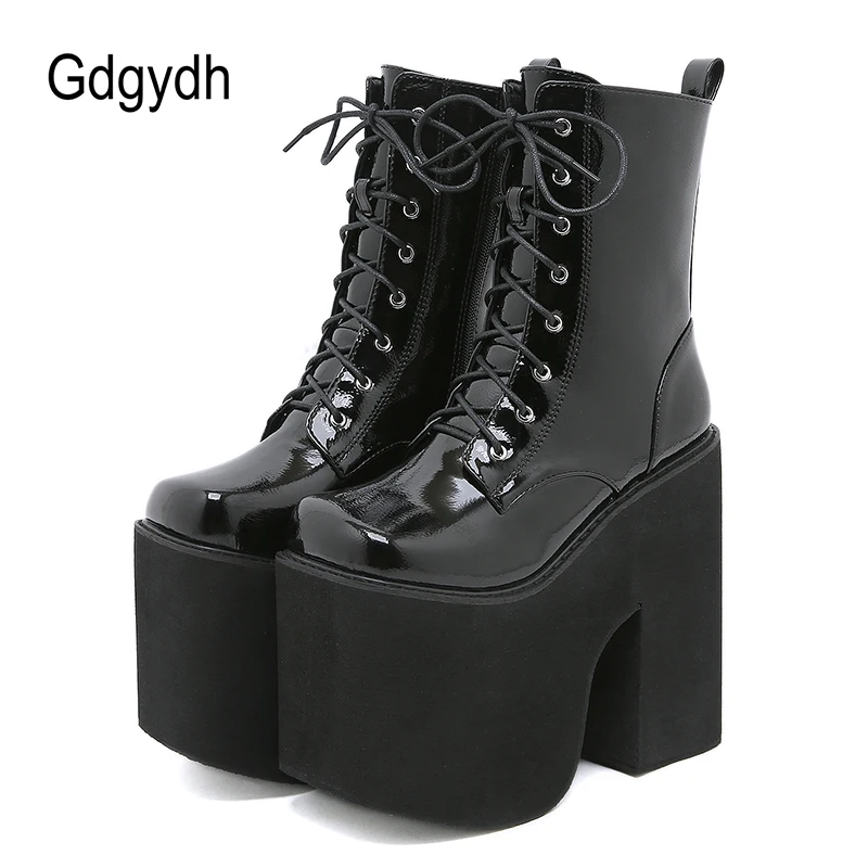 Gdgydh High Platform Boots Women Goth Punk Chunky Heels Catwalk Combat Boots Lace Up Daughter Patent Vegan EMO Booties Plus Size