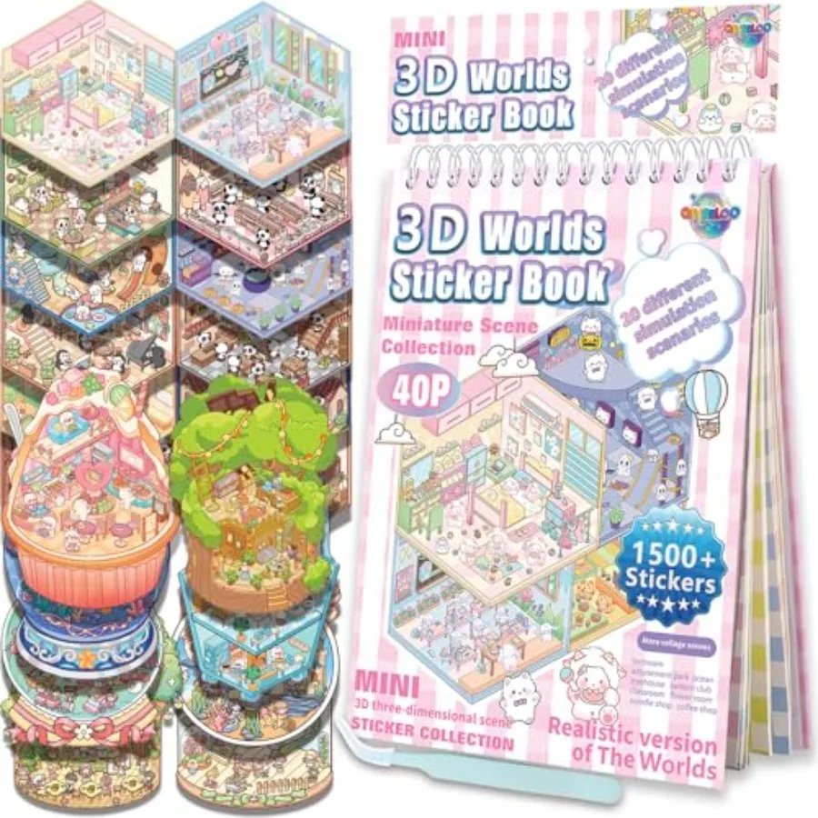 

Sticker Book Activity, 20 Sets 1500+ DIY 3D Scene Stickers, Reusable Sticker Book, Mix and Match Creative Sets, Waterproof for
