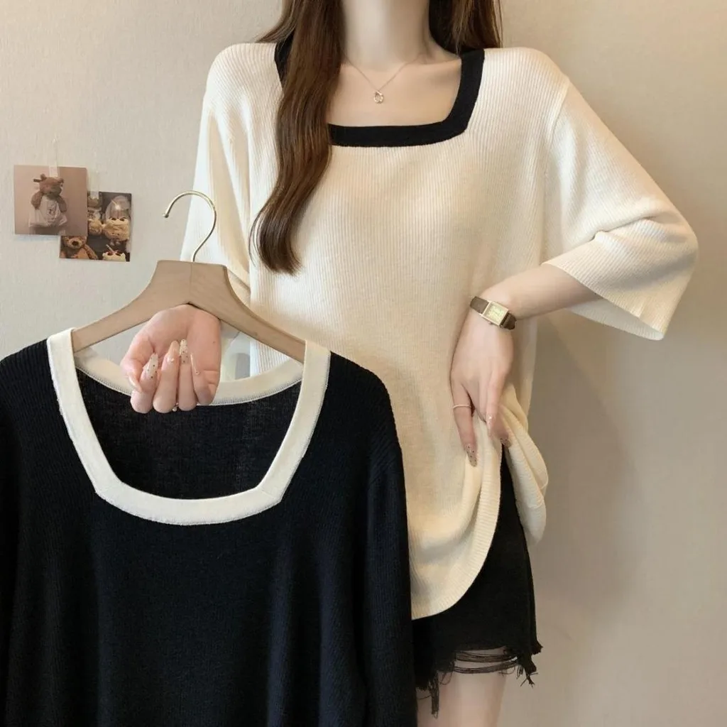 [Taille plus] t-shirt uni à col carré pour femmes surdimensionnées, manches 3/4, t-shirt fin décontracté et à la mode, hauts design