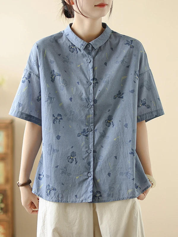 Solto ajuste ort sve algodão linho irt feminino tamanho grande impresso simples turn-down colarinho aberto frente casual verão topo