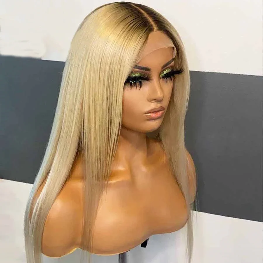 

26Inch Long Ombre Blond Preplucked 180Density Glueless Silky Straight Lace Front Wig For Black Women Natural Hairline BabyHair
