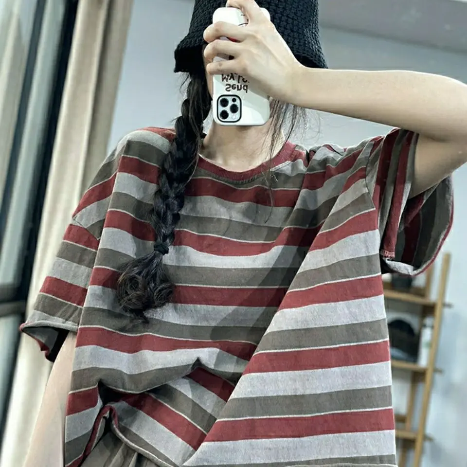 

Sufanka spring and autumn casual ultra loose retro Hong Kong style contrasting stripes curled short cotton T shirt women tops