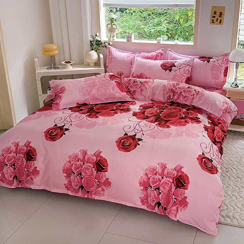 4pcs Pink Base Rose Floral Bedding Set, Soft Breathable Bed Linen with Duvet Cover, Pillowcases & Sheet, Full/Queen/King Size