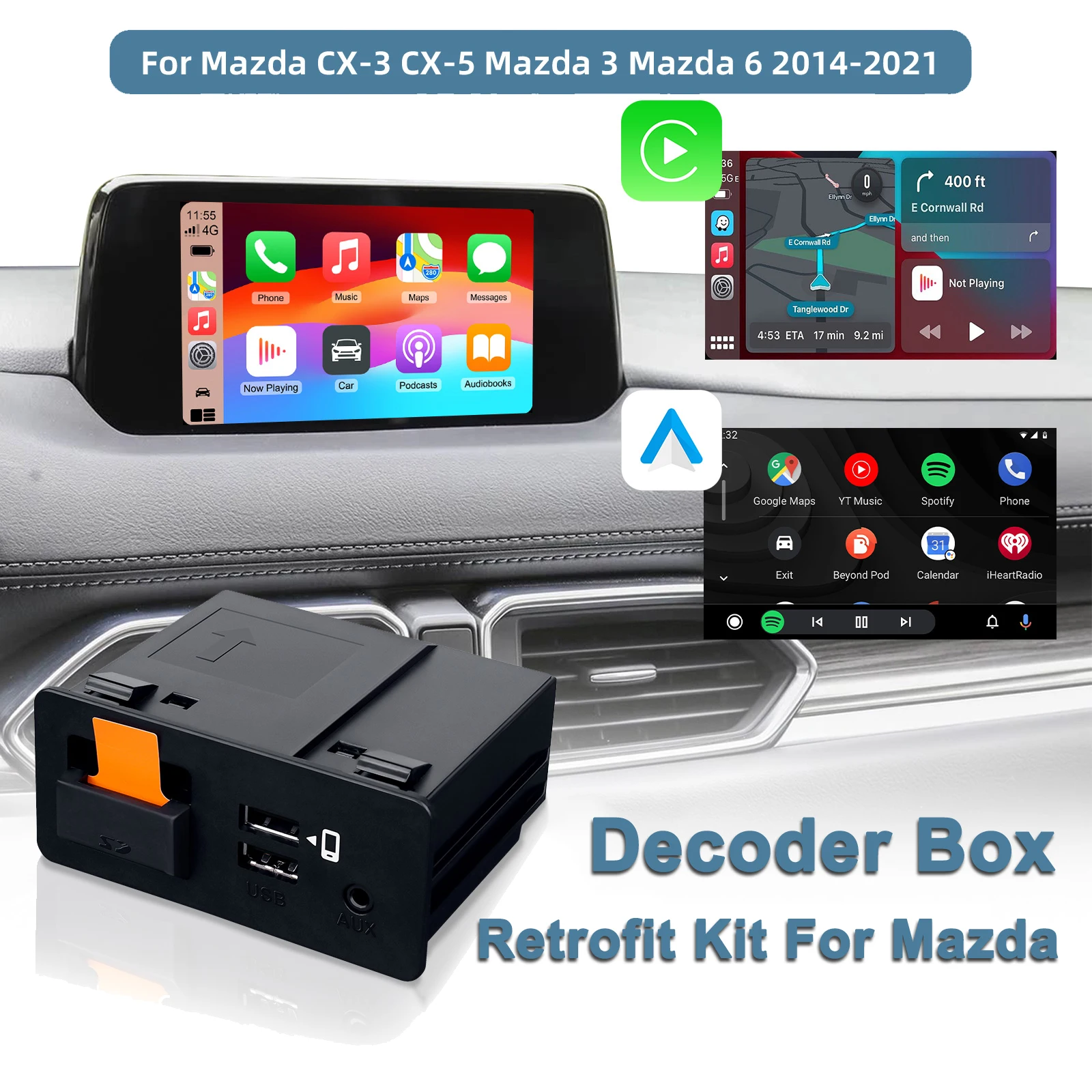 Decoder Box CarPlay Android Auto Retrofit Kit for Mazda 2 3 6 CX3 CX5 CX9 MX5 2014-2021 Models OEM MZD Connect System Upgrade