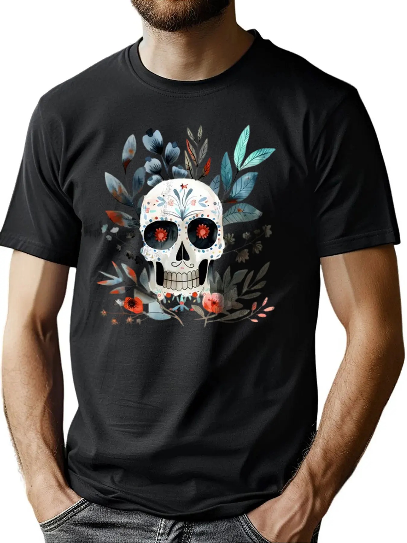 

Soft Pure Cotton Men's Crew Neck Tee With Abstract Floral Skull Print Independence Day Gift Outdoor Activities Machine Washable