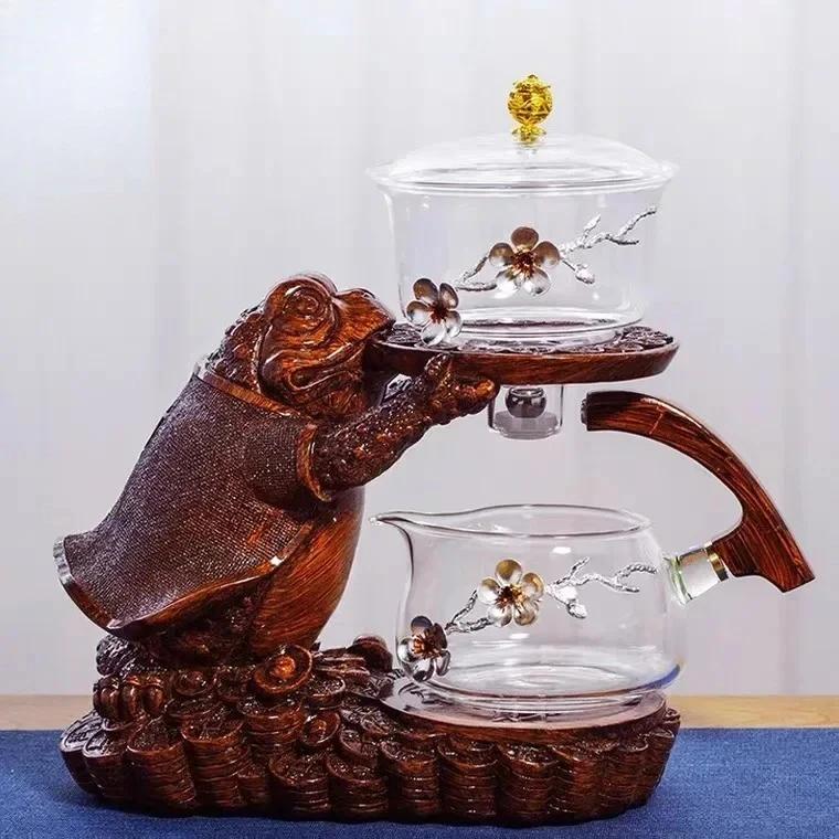 Creative Tea Toad Shape Teapot Automatic Tea Maker Pu'er Oolong Teapot And Cup Set Heat-resistant Glass Teapot Holder Base