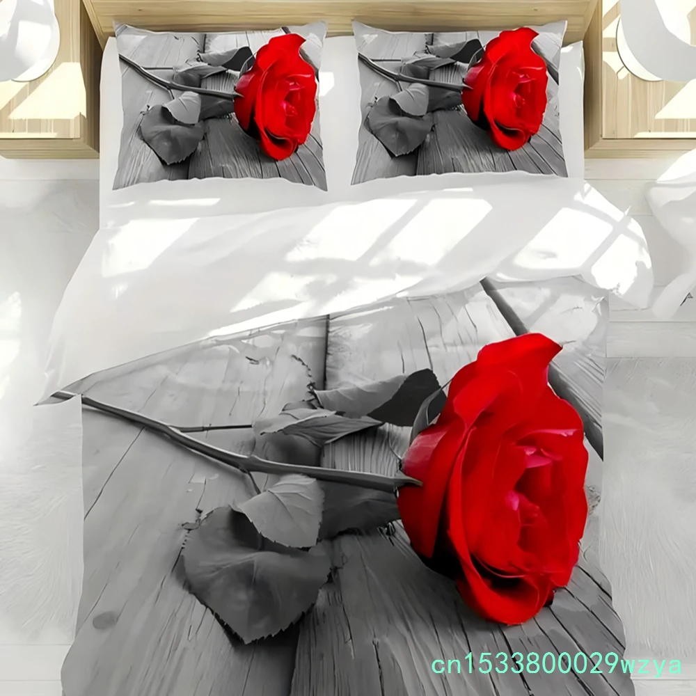 Red Rose Flower 3D Print Duvet Cover Luxury Romantic Theme Soft Bedding Cover Set Couple Valentine's Day Gifts Bedroom Decor