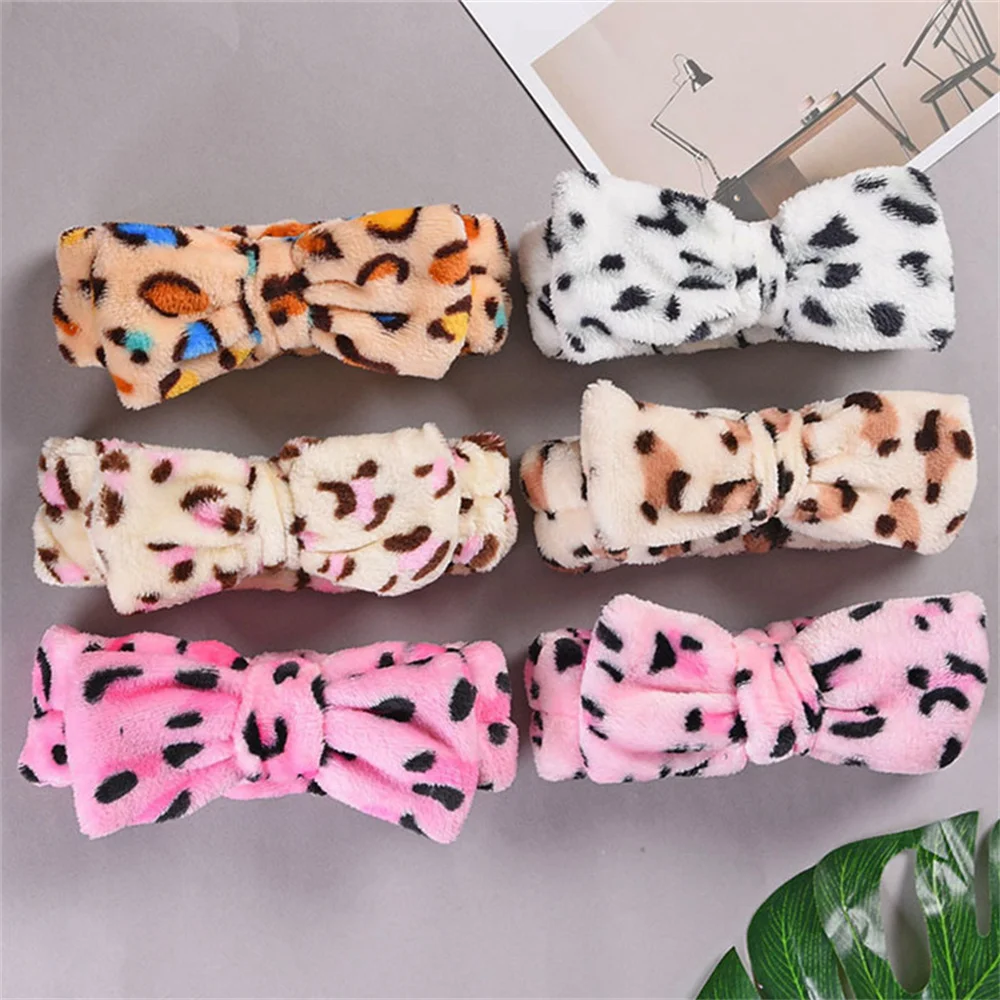 New Wash Face Headbands for Women Girls Coral Fleece Bow Headband Leopard Makeup Headwear Elastic Head Wrap Hair Accessories