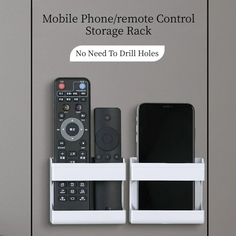 Wall Mount Phone Holder Adhesive Remote Control Storage Box Charging Stand Horizontal Viewing Organizer Bedroom Living Room TV