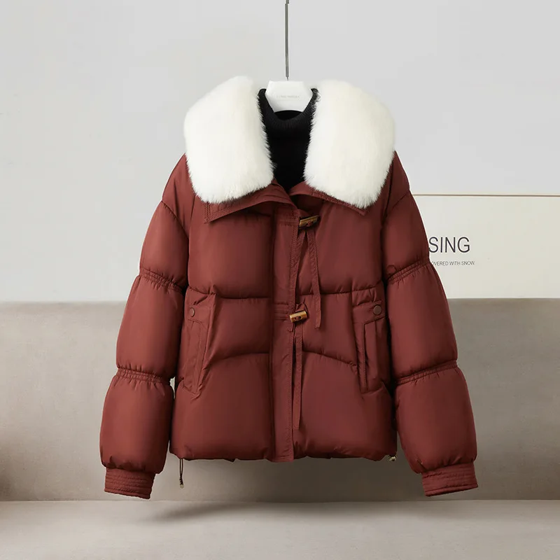 Women Short Parkas Coats Oversize Jacket Solid Big Fur Collar Toggle Zipper Long Sleeve Loose Thick Elegant Casual Winter 2025