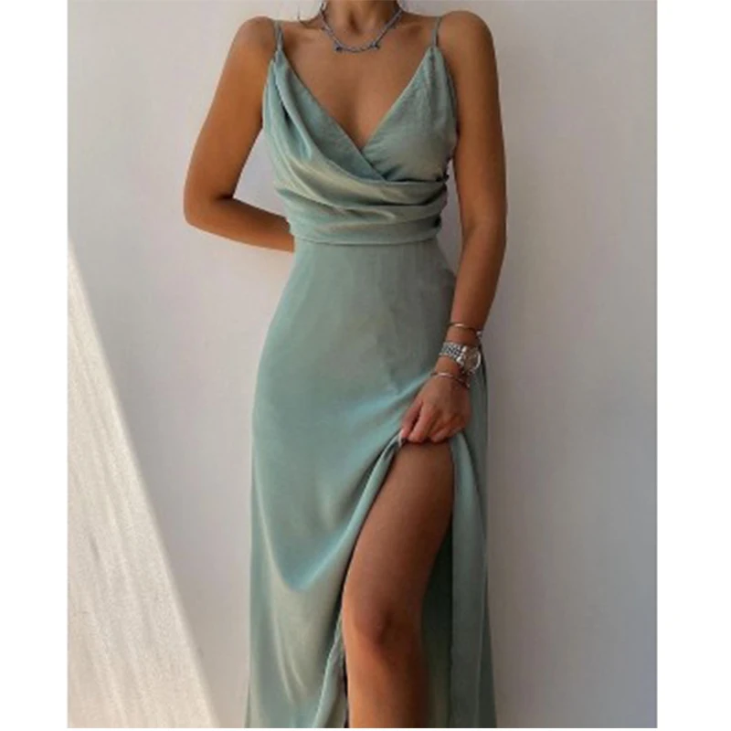 Women\'s Spaghetti Strap Satin Prom Dress, Long, Elegant, Mint Green, Backless, A-line, Maxi, Evening Party Gown, Summer