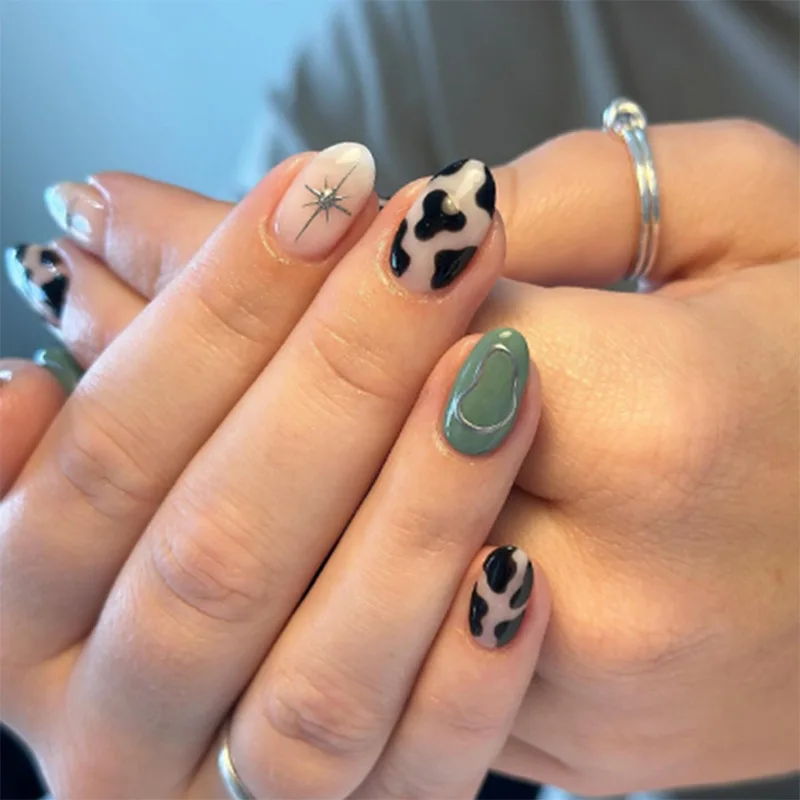 24 pçs animal impressão design irregular imprensa em unhas falsas curto cabeça redonda cobertura completa dicas de unhas linha dourada unhas falsas reutilizáveis