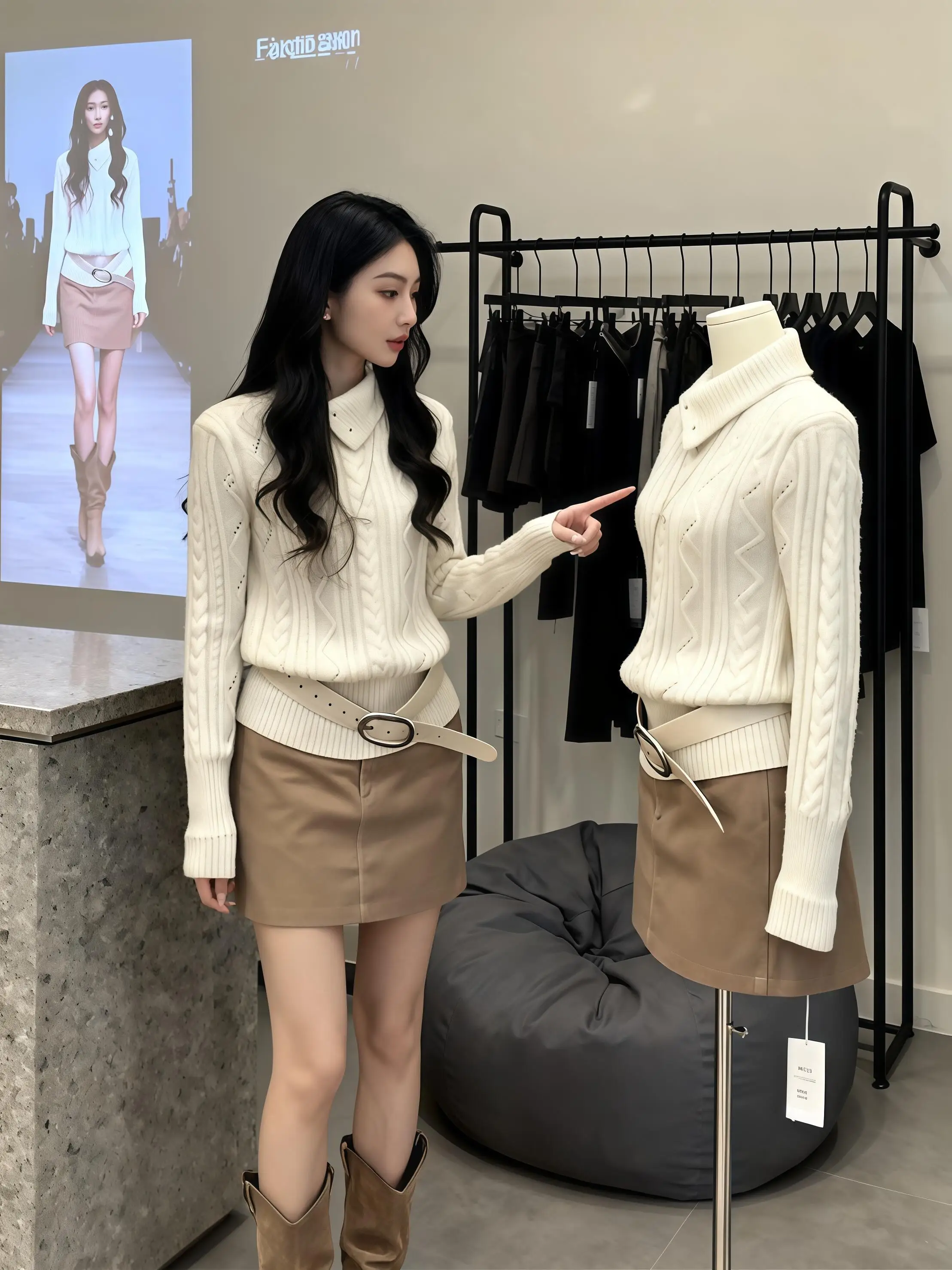 

Korean Style Thickened High Collar Knitted Sweater Women's Winter Warm White Knitwear Flip Collar Twist Yarn Long Sleeve Top