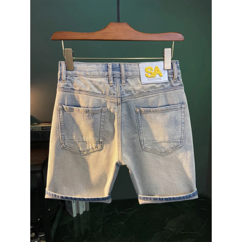 

Джинсовые шорты с нашивками с рваными дырками, мужские летние тонкие стильные американские высококачественные голубые облегающие брюки средней длины