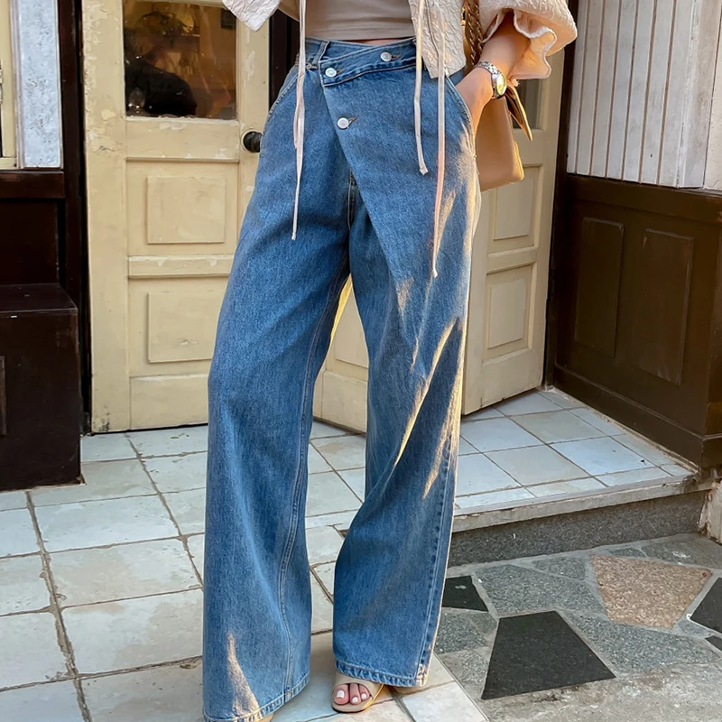 Vintage Irregular Slant Button Wide-leg Jeans Woman Elegant High Waist Solid Straight Versatile Long Pants Ins Tide New